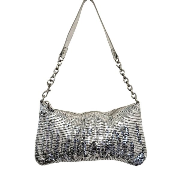 Express Silver Mesh Shoulder Bag With Chain Strap Shimmer Evening Party Clutch - Picture 1 of 16